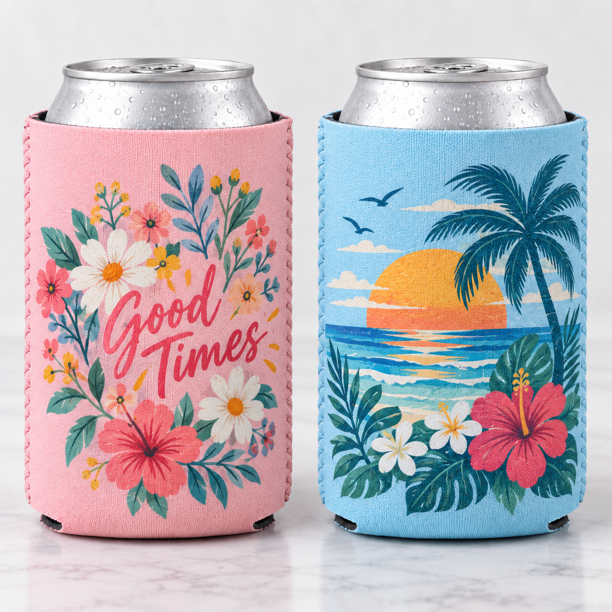 Pressed-ink full-color print example on pink and light blue koozies