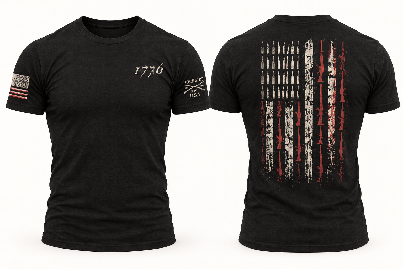 Black fitted 1776 tee, front and back, with a cartridge-and-rifle flag and Dockside sleeve print