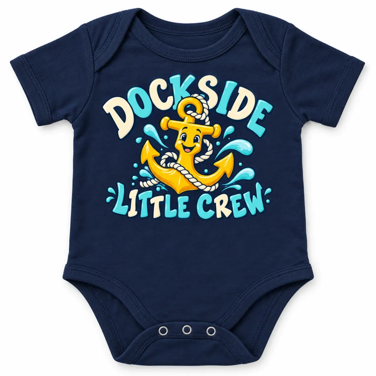 Navy baby garment with a smiling golden anchor and rope framed by playful Dockside Little Crew lettering. Front view.