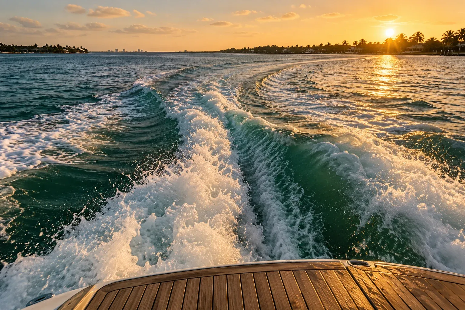 A boat wake trailing across emerald water at sunset