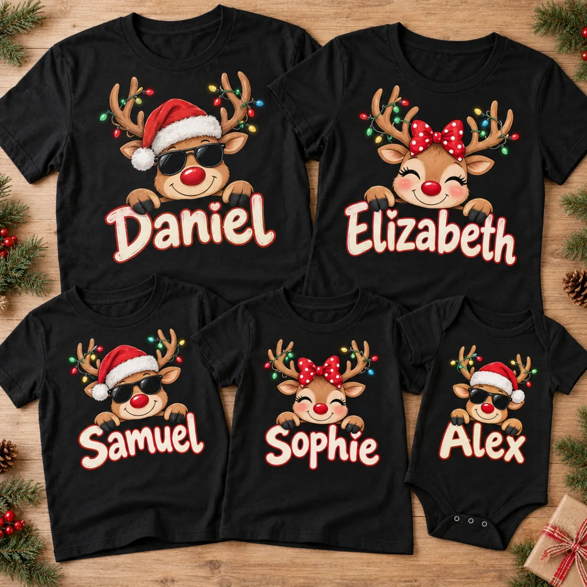 Choose a cool Santa-hat reindeer or a sweet bow reindeer for each person. Full chest artwork and names nestled between the hooves make one coordinated family look.