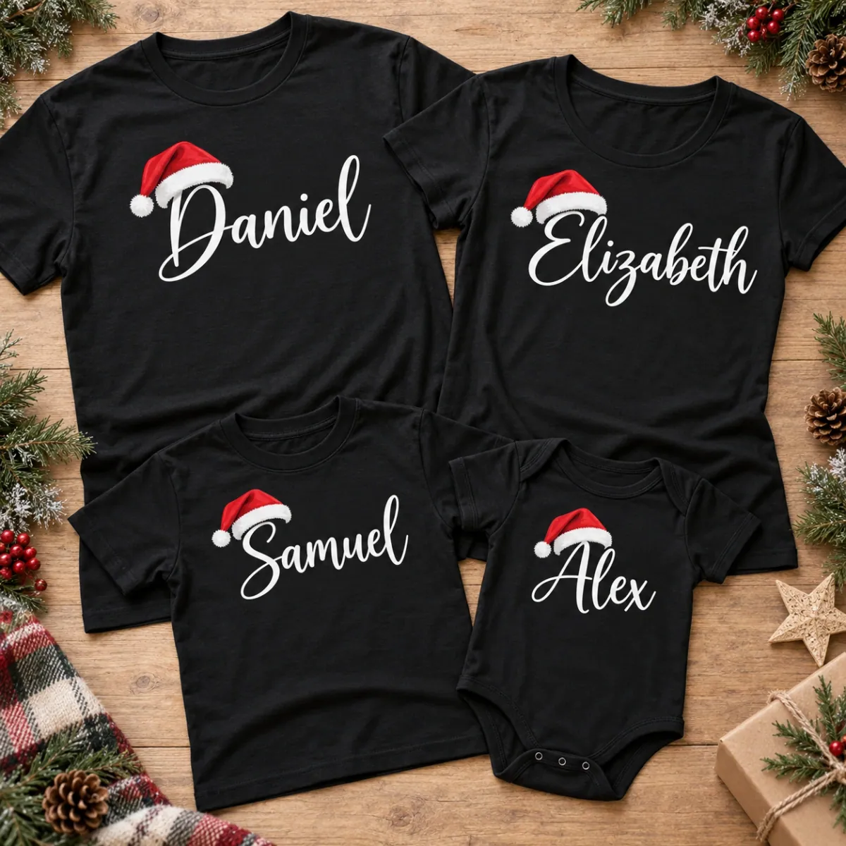 Classic red Santa hats and flowing white names on matching black shirts. Build your own family combination with adult, youth, toddler and infant pieces.