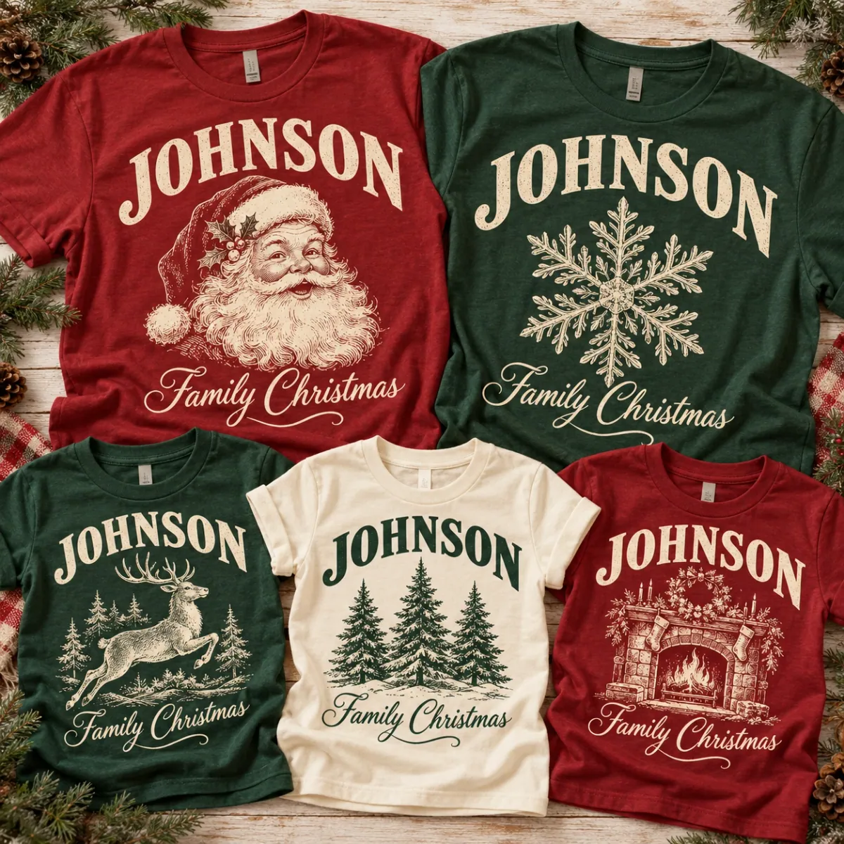 Your family surname in a generous arched heritage layout, a vintage holiday illustration, and flowing Family Christmas lettering. Mix red, forest green and natural shirts, and choose a different illustration for every person.
