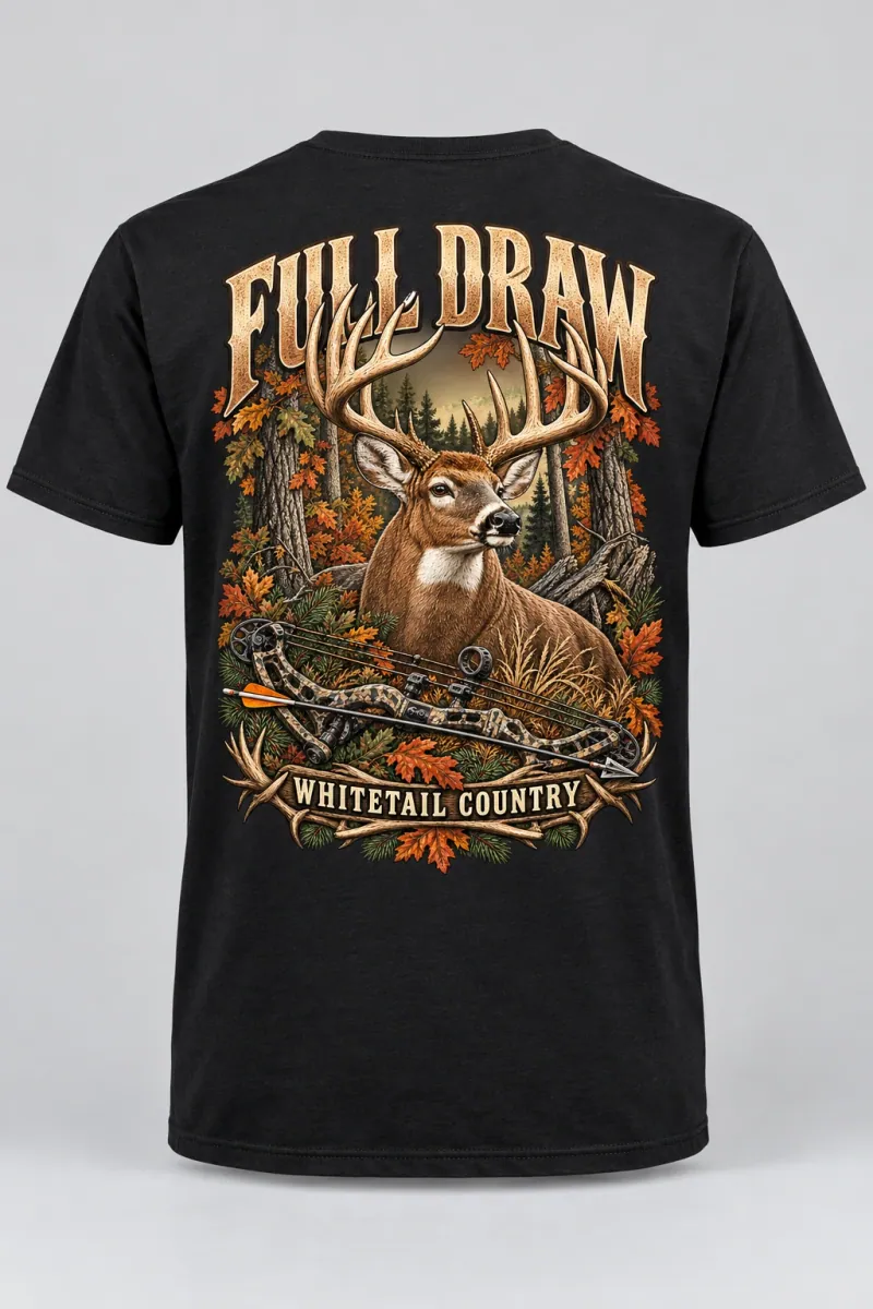 Black shirt with Full Draw Bowhunting Whitetail Tee back artwork