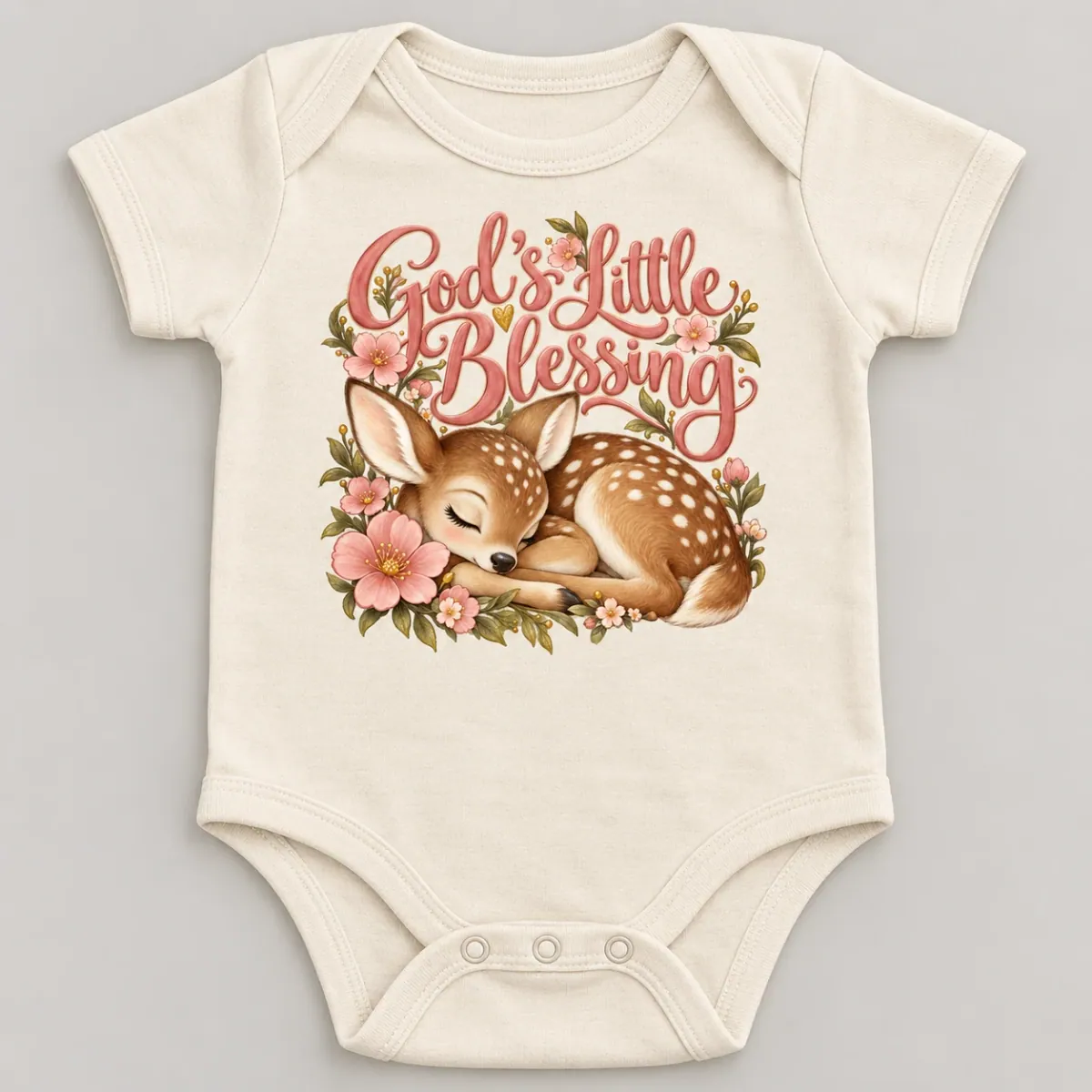 Natural baby garment with a sleepy fawn nestled among wildflowers beneath God’s Little Blessing lettering. Front view.