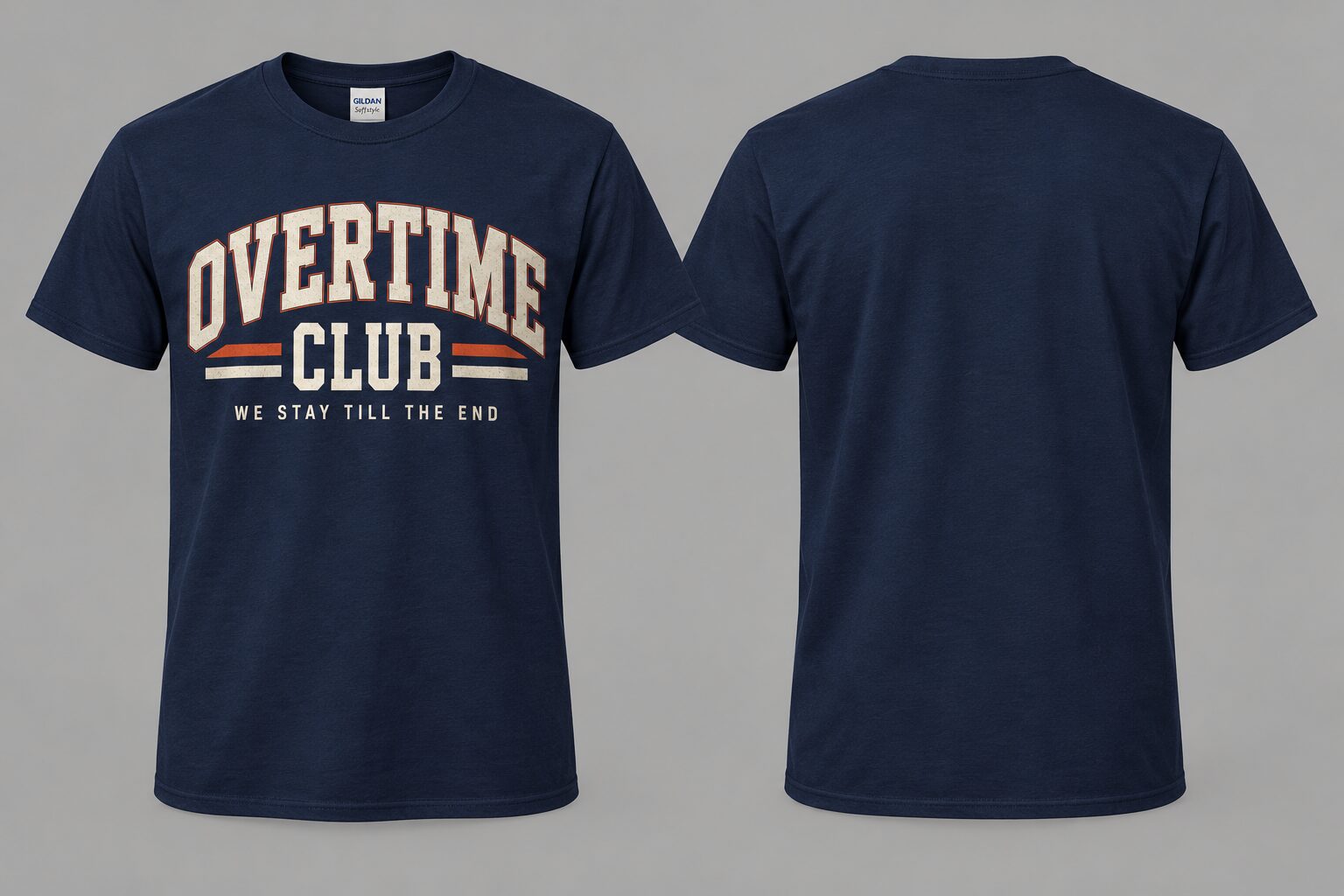 Navy Overtime Club shirt mockup, front and back