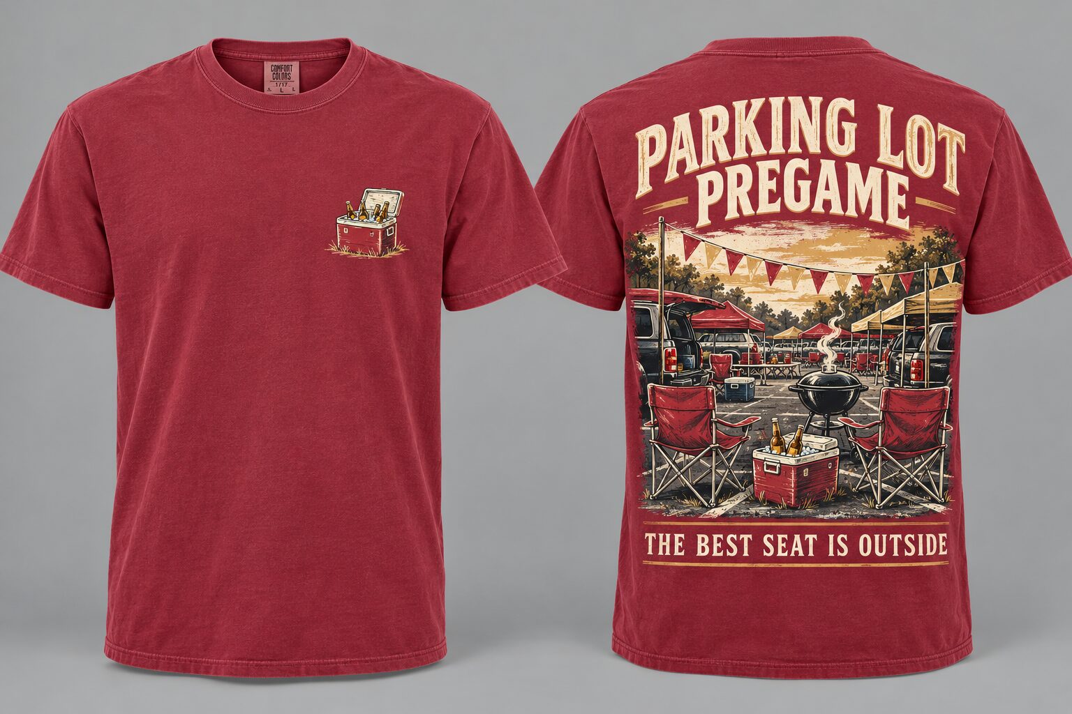 Crimson Parking Lot Pregame shirt mockup, front and back