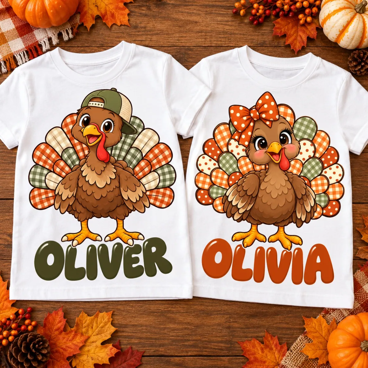 Two cute gingham turkeys, one matching kids set. Choose the backwards cap or polka-dot bow for each shirt, then add your child’s name in big, rounded bubble lettering. Mix designs and sizes in one order.