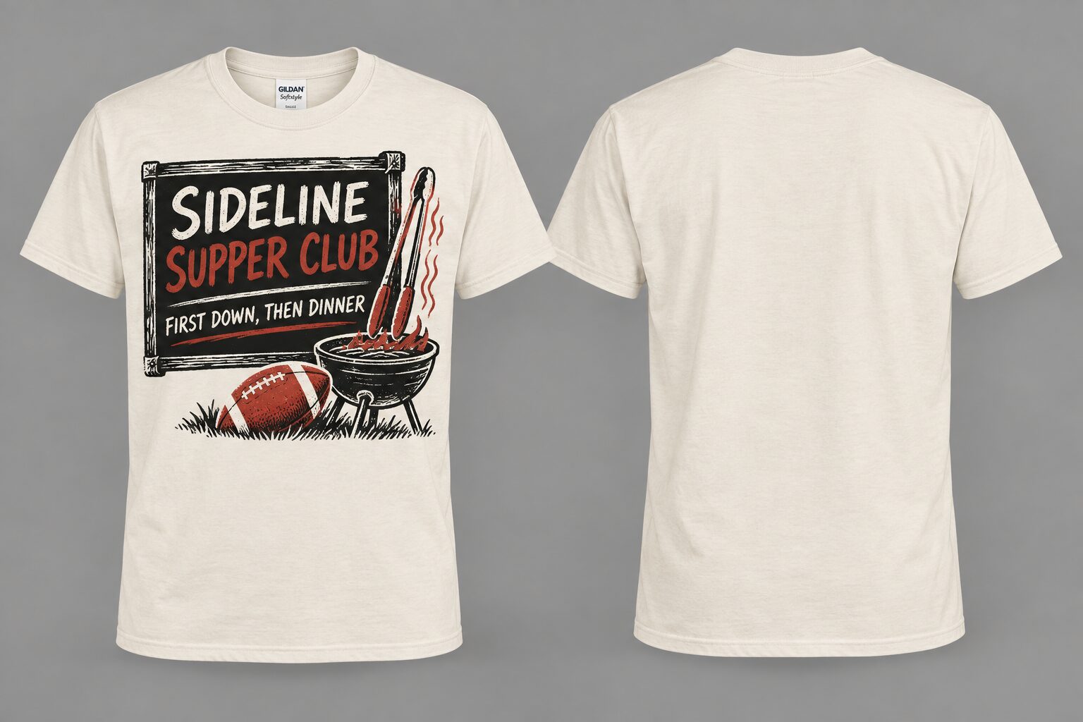 Natural Sideline Supper Club shirt mockup, front and back