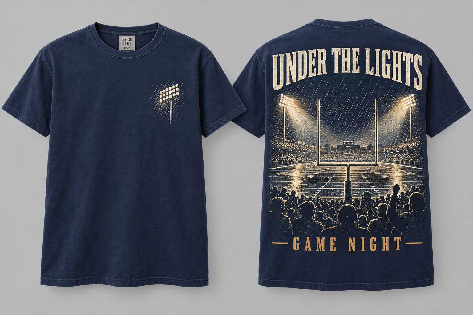 True Navy Under the Lights shirt mockup, front and back