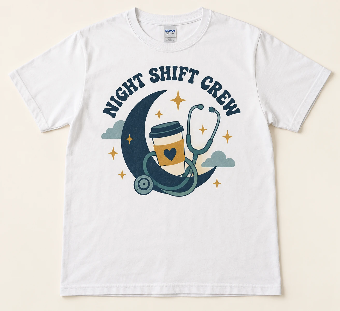 A crescent moon cradles coffee and a stethoscope amid gold stars and clouds, with Night Shift Crew lettering.