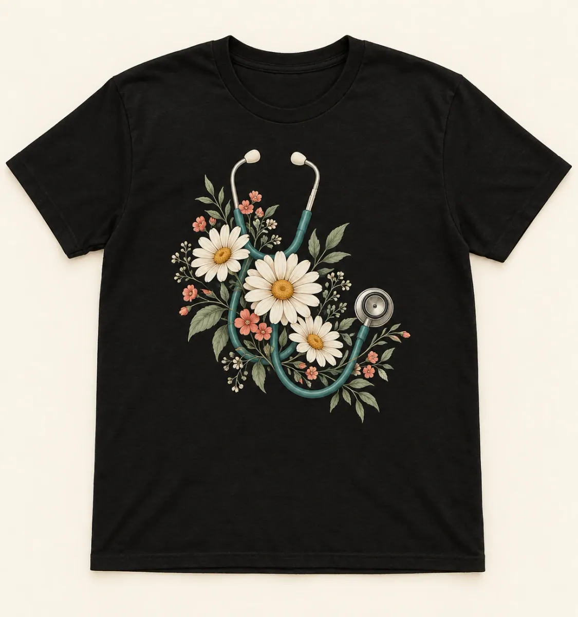 A teal stethoscope intertwined with ivory daisies, coral flowers and sage leaves. Illustration only.